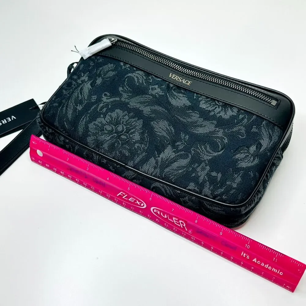 Versace Athena Black Jacquard Barocco Clutch Bag Leather Wrist Strap NWT $995
